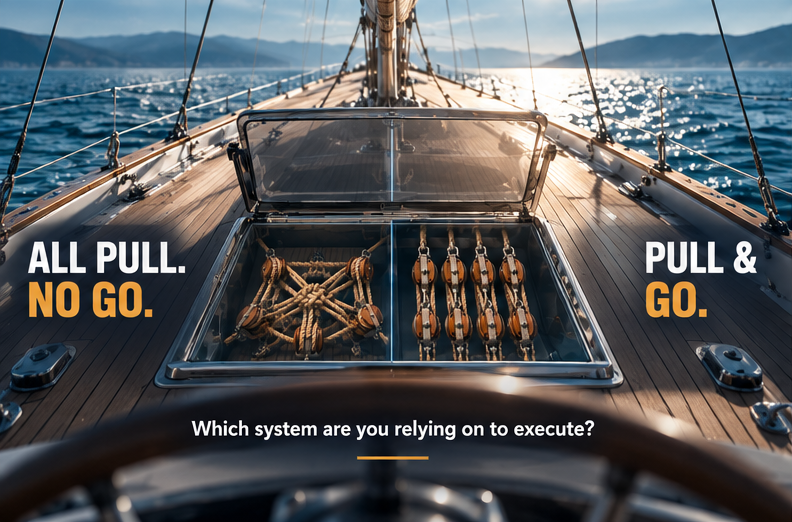 Sailing systems compared: ALL PULL. NO GO. / PULL & GO. Which system are you relying on to execute?